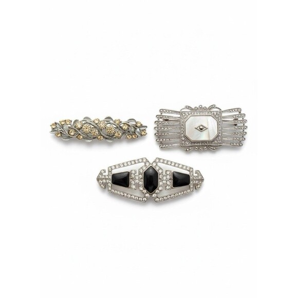 Lot of 3 Vintage Art Deco Style Brooches: MOP, Black Bar, Champagne Rhinestone - Picture 1 of 16